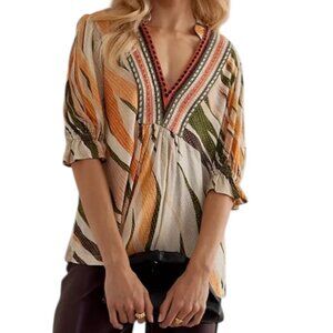 Bl^nk London Anthropologie Stephanie Tan Stripe Embroidered Short Sleeve Top